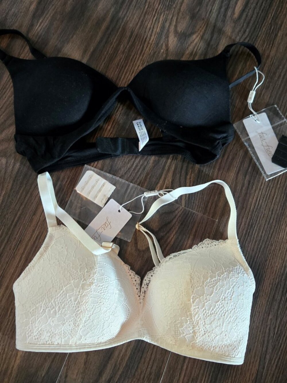 FAR-FREE Pair of Bras: One Black T-Shirt Bra and One Ivory Lace Bra NWT/SIZE 34